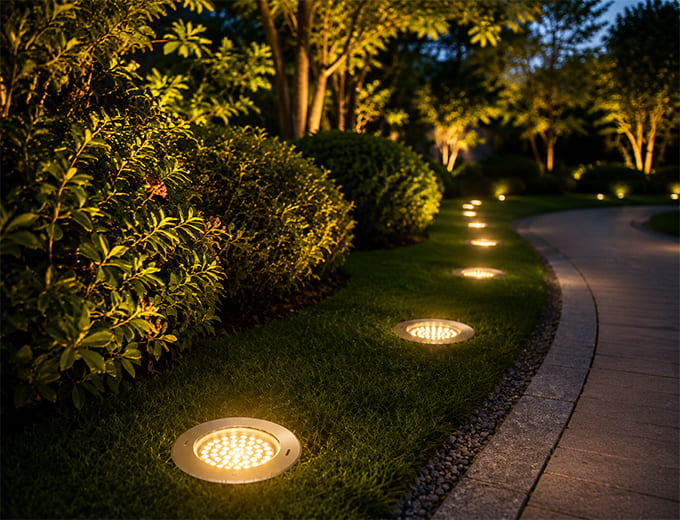 LED Inground Lights installed in landscape