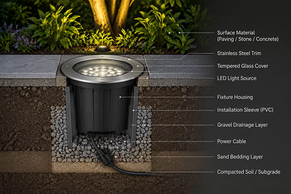 LED inground light installation cross-section diagram