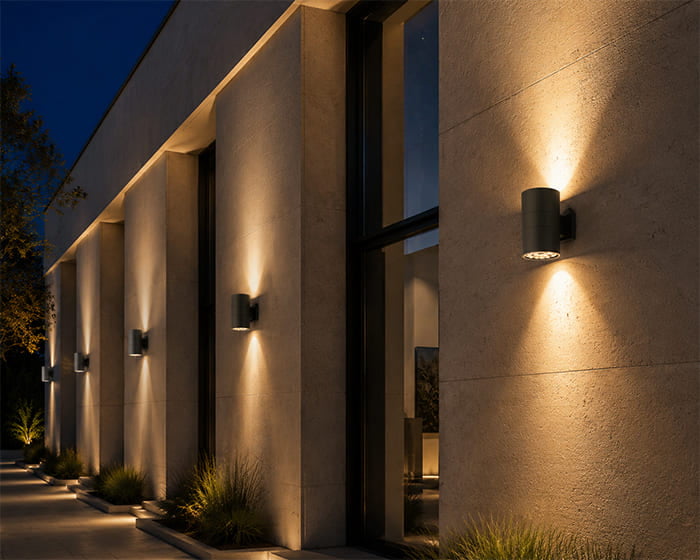 LED Wall Light illuminating a modern building facade at night