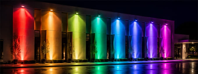 RGB color-changing LED wall light effect on architectural facade