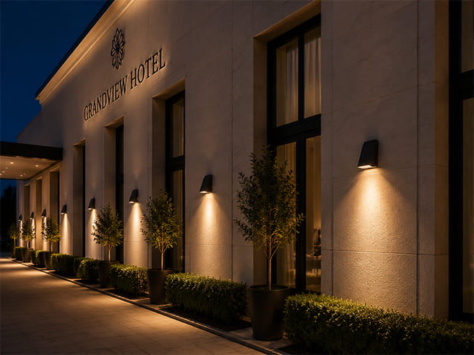 Warm white LED wall light effect on hotel exterior