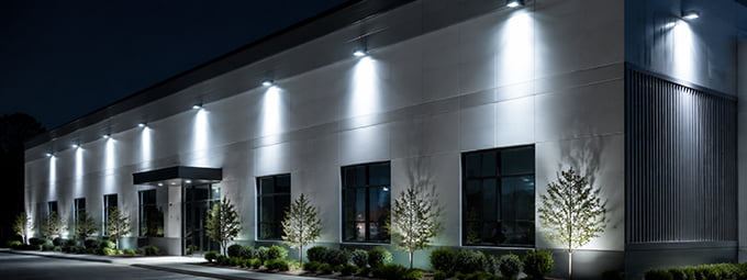 Cool white LED wall wash effect on commercial building