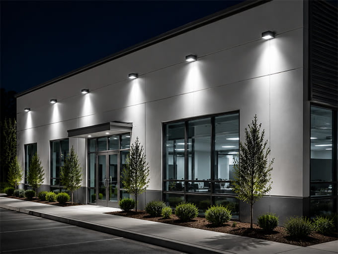 LED wall lights illuminating commercial building facade at night