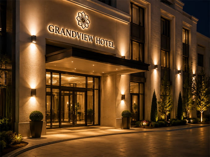 LED wall lights creating warm ambiance at luxury hotel entrance