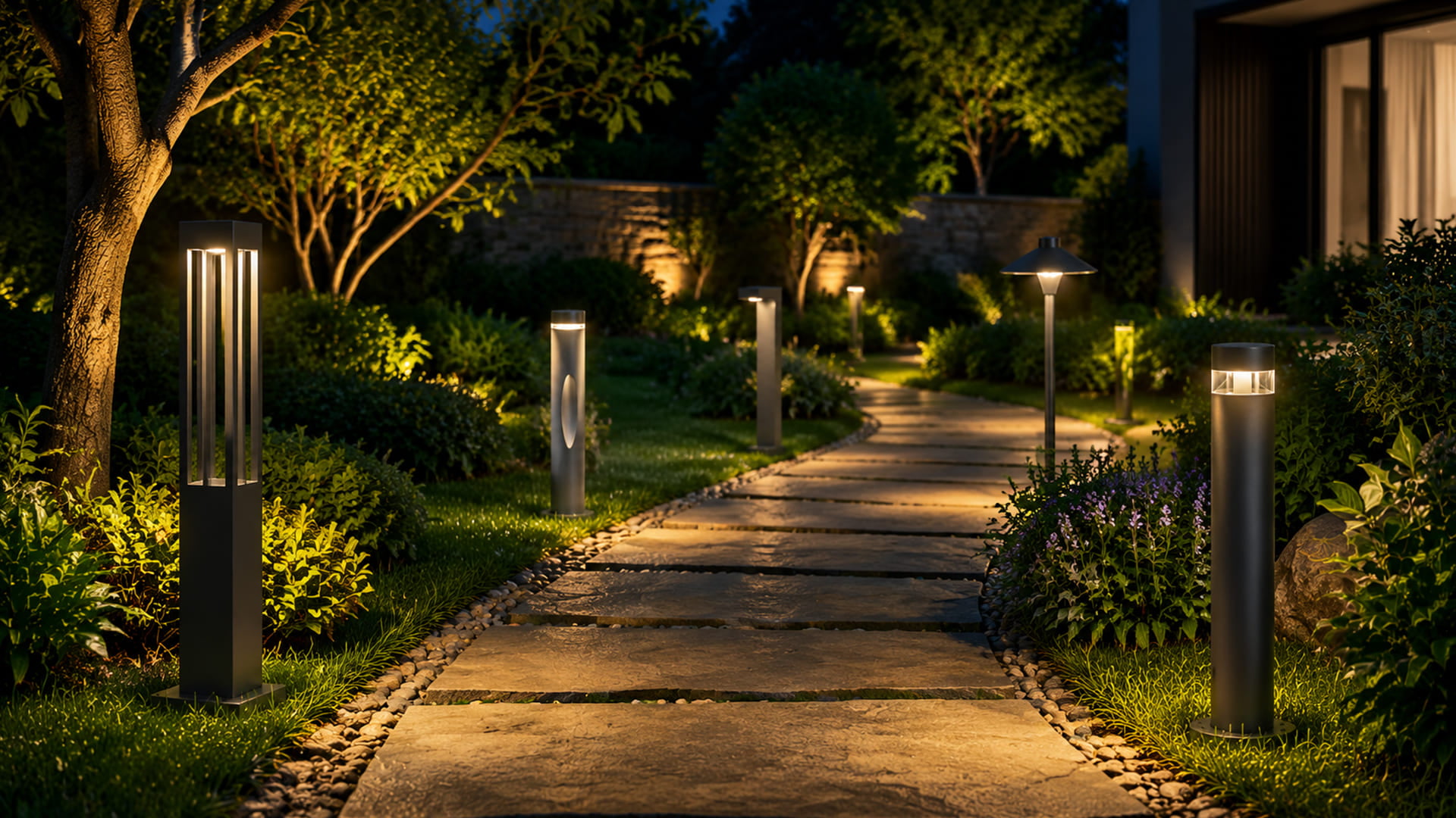 LED lawn lights illuminating a garden path at night
