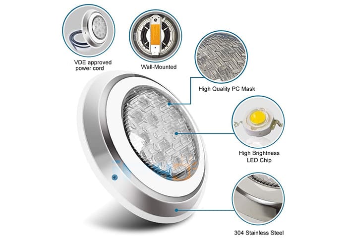 Underwater light construction detail showing stainless steel housing and sealed components