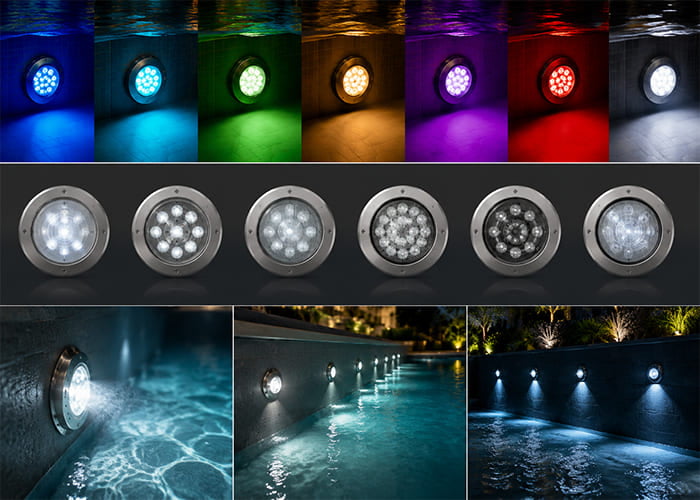 Custom LED underwater light options showing different colors and configurations