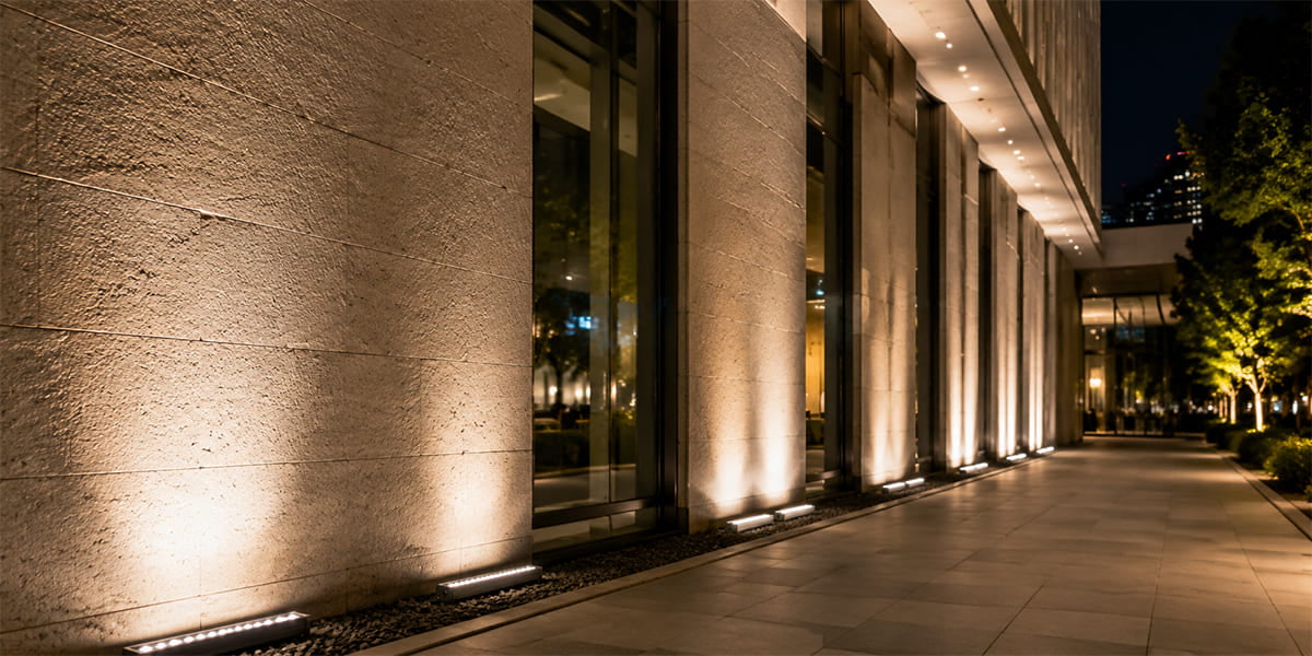 Building facade with LED wall washer lighting