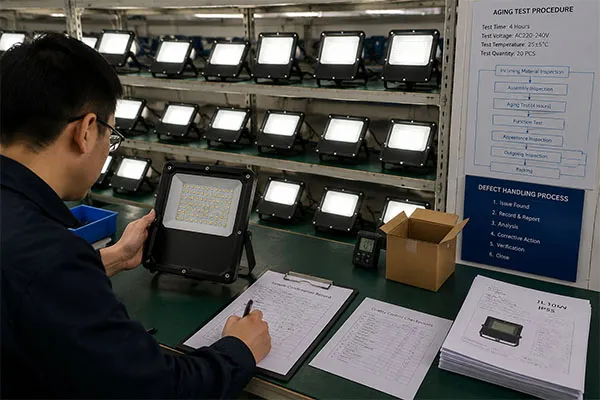 Reliable LED flood light manufacturer in China performing floodlight aging and inspection