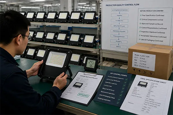 LED flood light manufacturer in China confirming sample and mass production specifications