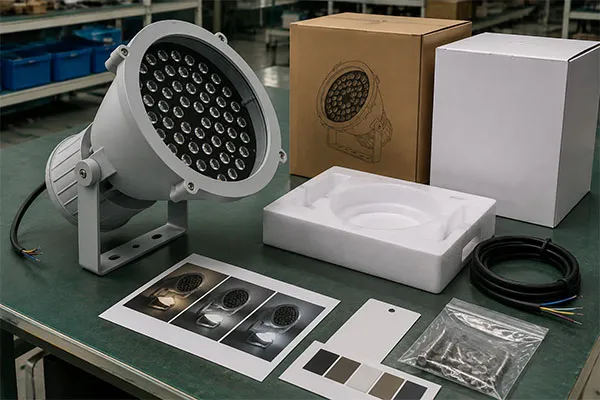 Custom LED flood light packaging and branding for China imports