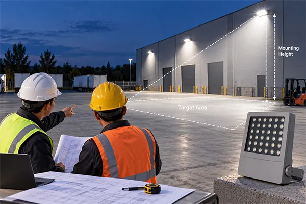 LED flood light solutions based on mounting height and outdoor area coverage