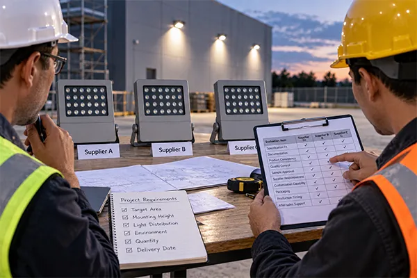 Contractor comparing LED flood light solutions by specifications and supplier quality