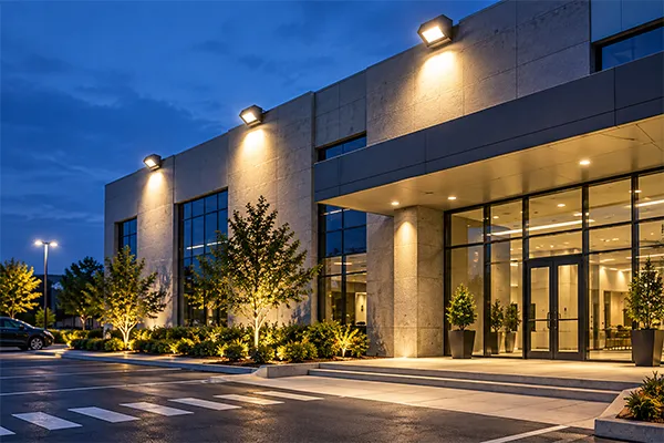Commercial building entrance illuminated with LED flood lights