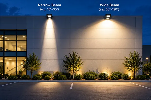 LED flood lights for commercial buildings showing wide and narrow beam patterns