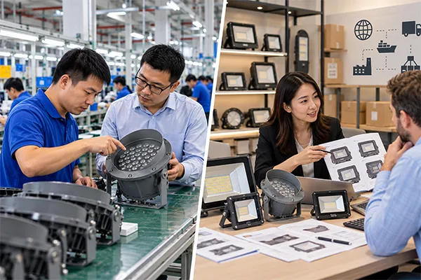 LED flood light factory vs trading company comparison based on sourcing structure
