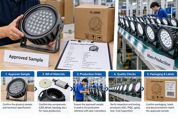 Approved LED flood light sample linked to mass production quality control