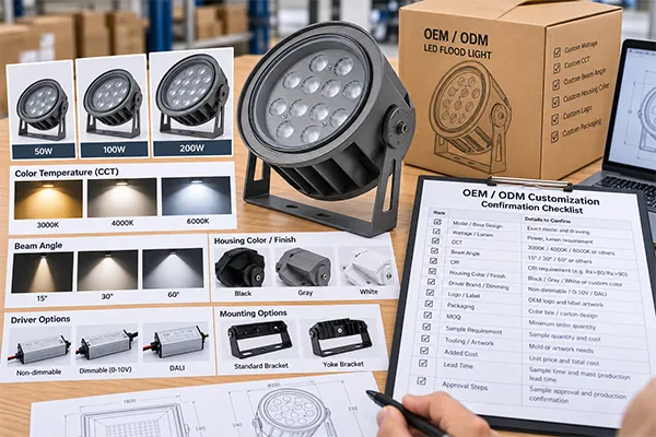 OEM LED flood light suppliers customization options for wattage CCT and packaging