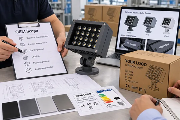 OEM LED flood light manufacturing in China private label packaging approval