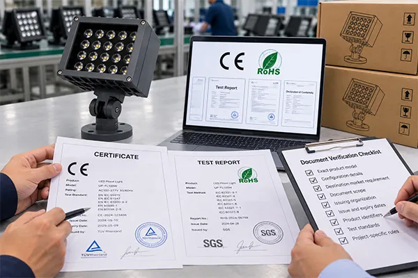 OEM LED flood light manufacturing in China compliance document verification