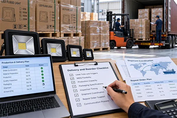 Wholesale LED flood lights delivery planning and repeat order coordination