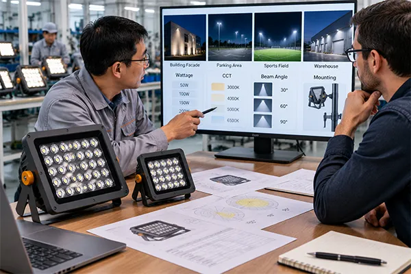 Chinese LED flood light manufacturers confirming floodlight wattage CCT and beam angle